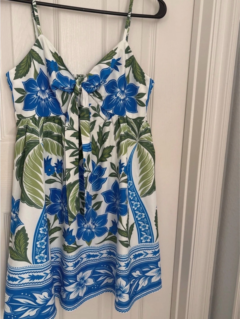 Cupshe White Blue & Green Floral Tie-Front Spaghetti-Strap Dress